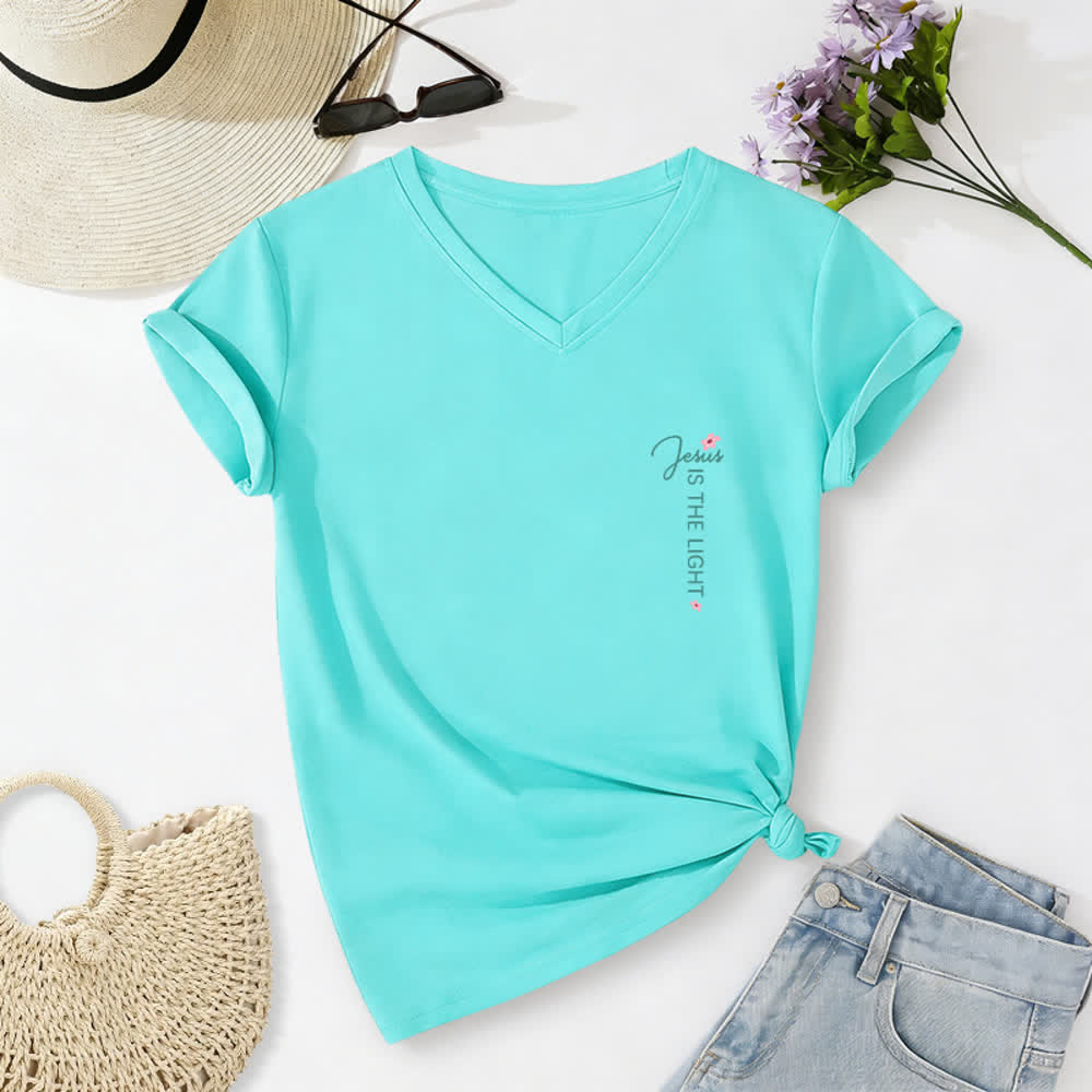 Christianartworkshop Dual-Side Jesus Is The Light Walk By Faith Not By Sight Floral Print Casual V-neck T-shirt - image 41