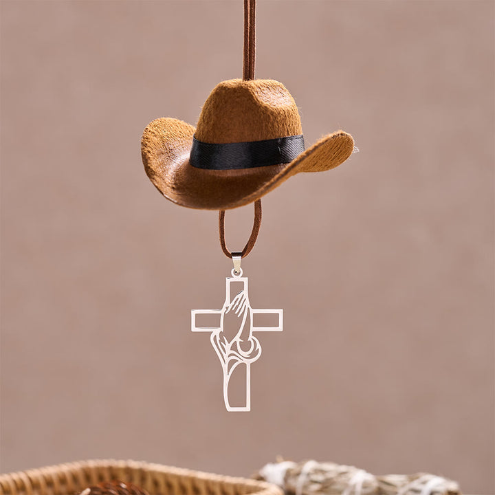 Christianartworkshop Mini Cowboy Hat Praying Hands Cross Car Pendant: Symbol of Peaceful Traveling Grace - Brown - image 5