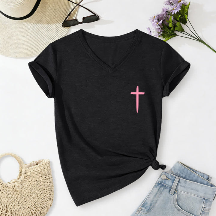 Christianartworkshop Dual-Side Cross With God All Things Are Possible Matthew 19:26 Letter Print Casual V-neck T-shirt - image 32