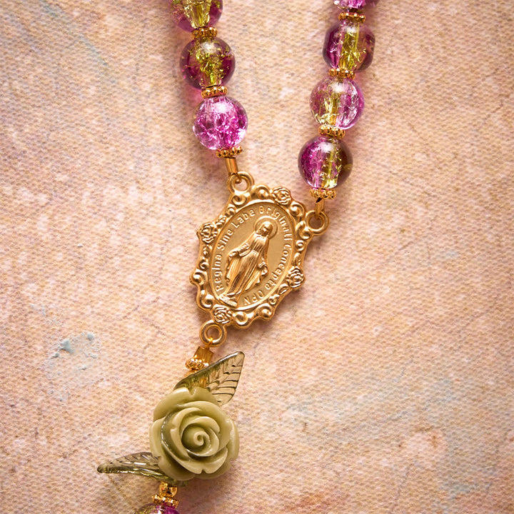 Christianartworkshop Pink & Green Crackle Faceted Glass Bead Rose Floral Our Lady Cross Rosary - image 6