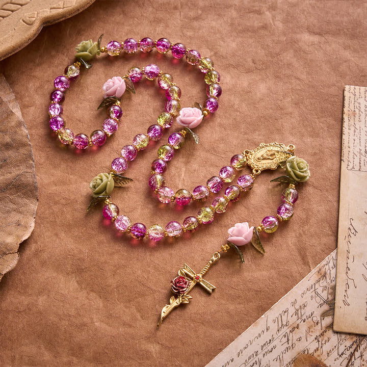 Christianartworkshop Pink & Green Crackle Faceted Glass Bead Rose Floral Our Lady Cross Rosary - image 4