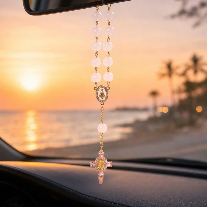 Christianartworkshop Multi-Color Stained Glass Pocket Car Rosary With Jeweled Our Lady of Guadalupe Cross - Pink - image 17