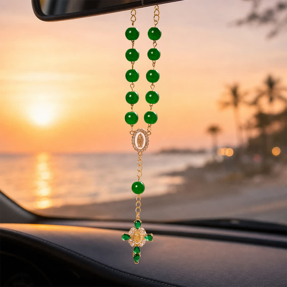 Christianartworkshop Multi-Color Stained Glass Pocket Car Rosary With Jeweled Our Lady of Guadalupe Cross - Green - image 12
