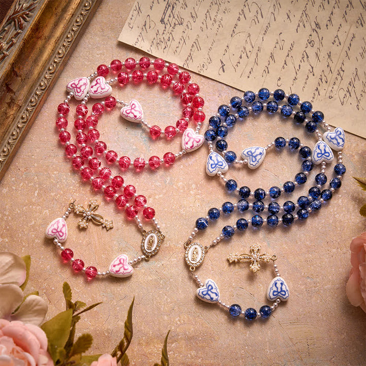 Christianartworkshop Pink Crackle Glass Rosary With Ceramic Heart Bow Beads & Our Lady Medal - image 1