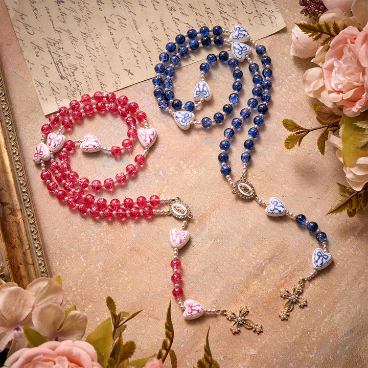 Christianartworkshop Blue Crackle Glass Rosary With Ceramic Heart Bow Beads & Our Lady Medal - image 2