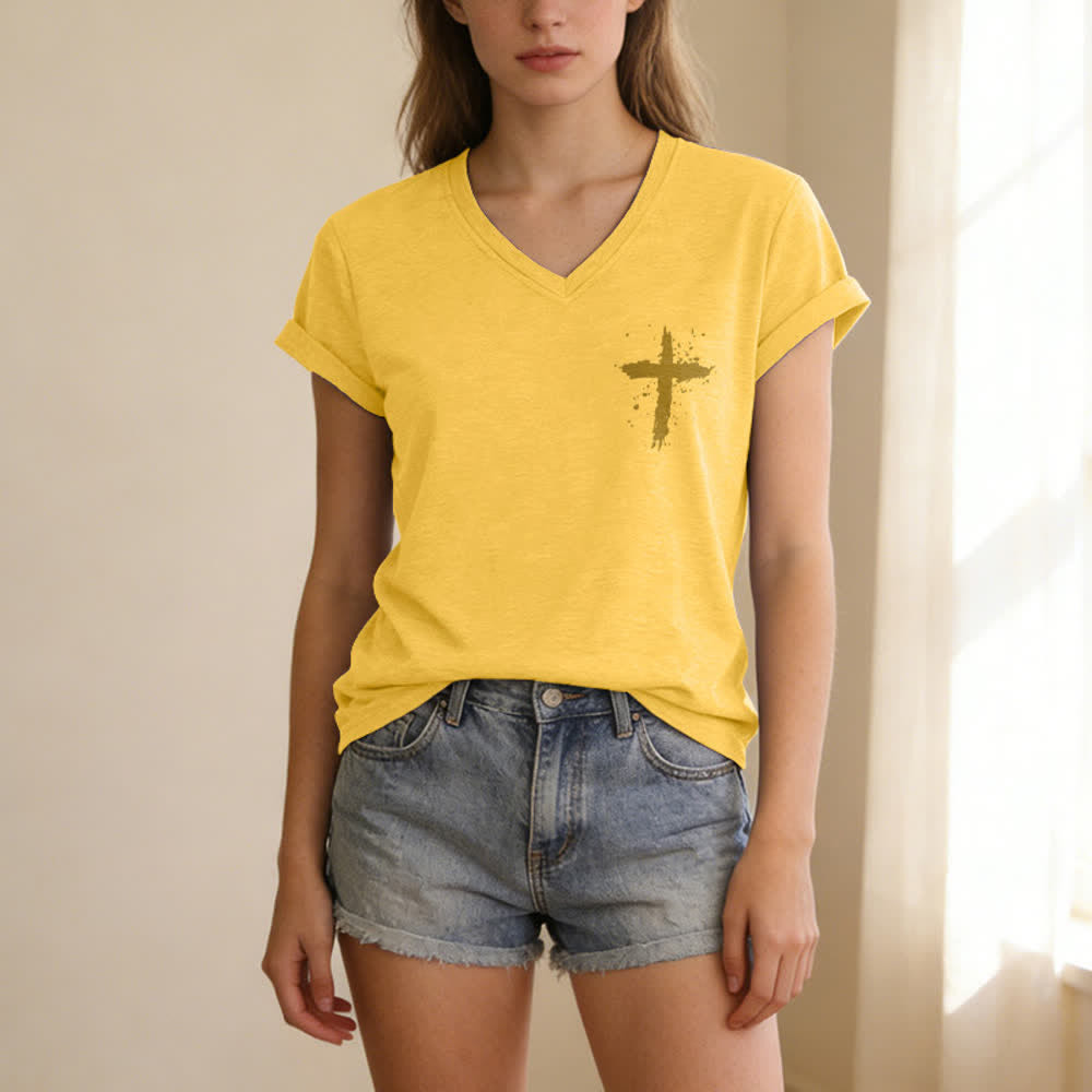 Christianartworkshop Psalms 91 Distressed Cross Knotted Hem Women's V Neck Tee - image 59