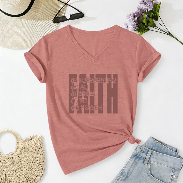 Christianartworkshop Faith Block Print Rolled Sleeve Women’s V Neck Tee - Pink - 2XL - image 14