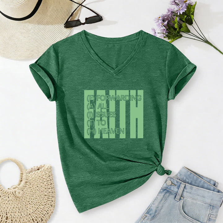 Christianartworkshop Faith Block Print Rolled Sleeve Women’s V Neck Tee - Green - 2XL - image 4