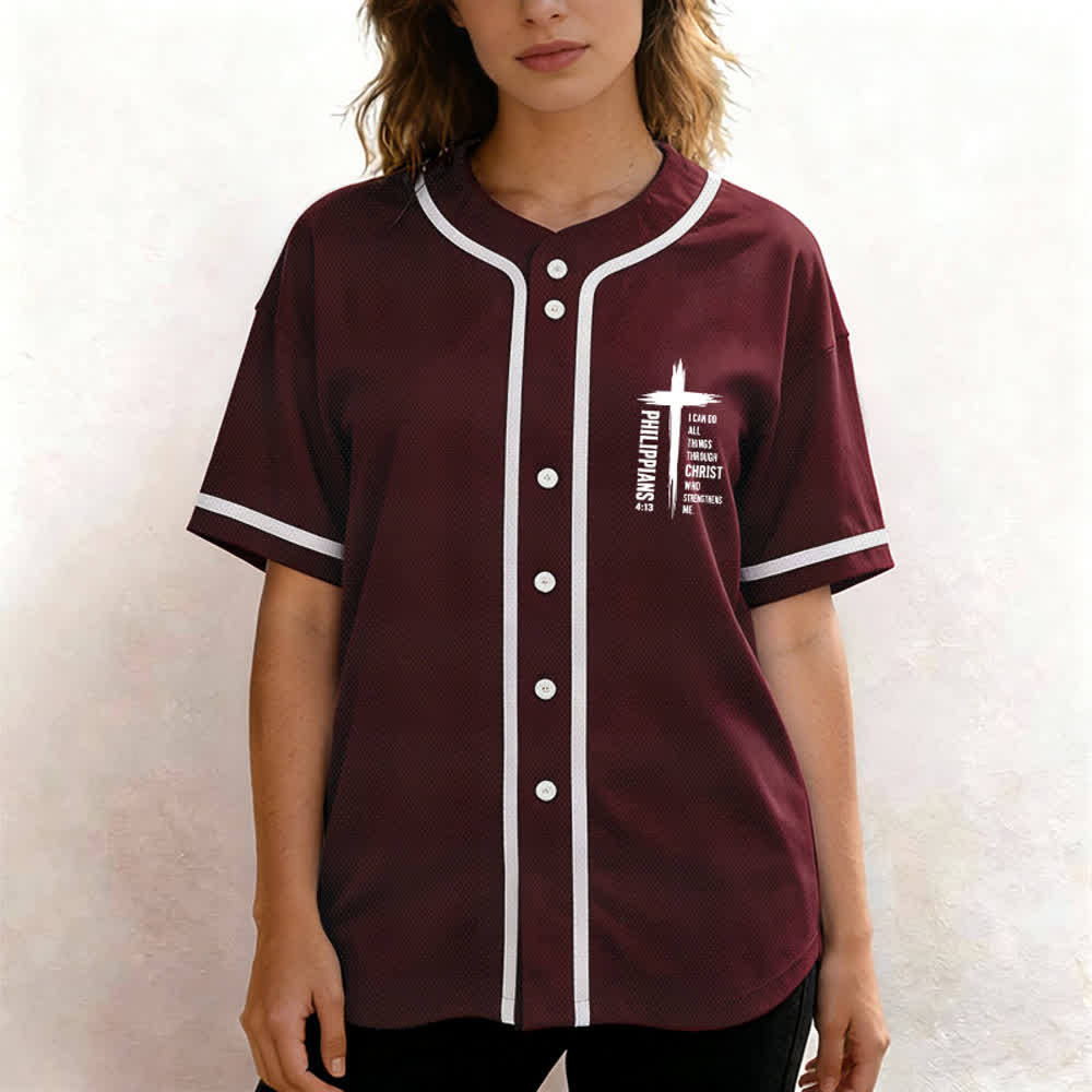 Christianartworkshop Philippians 4:13 Cross Graphic Contrast Trim Baseball Jersey - image 4
