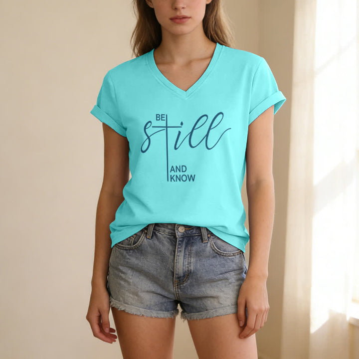 Christianartworkshop Be Still And Know Heather Purple Women's V Neck Tee - image 13
