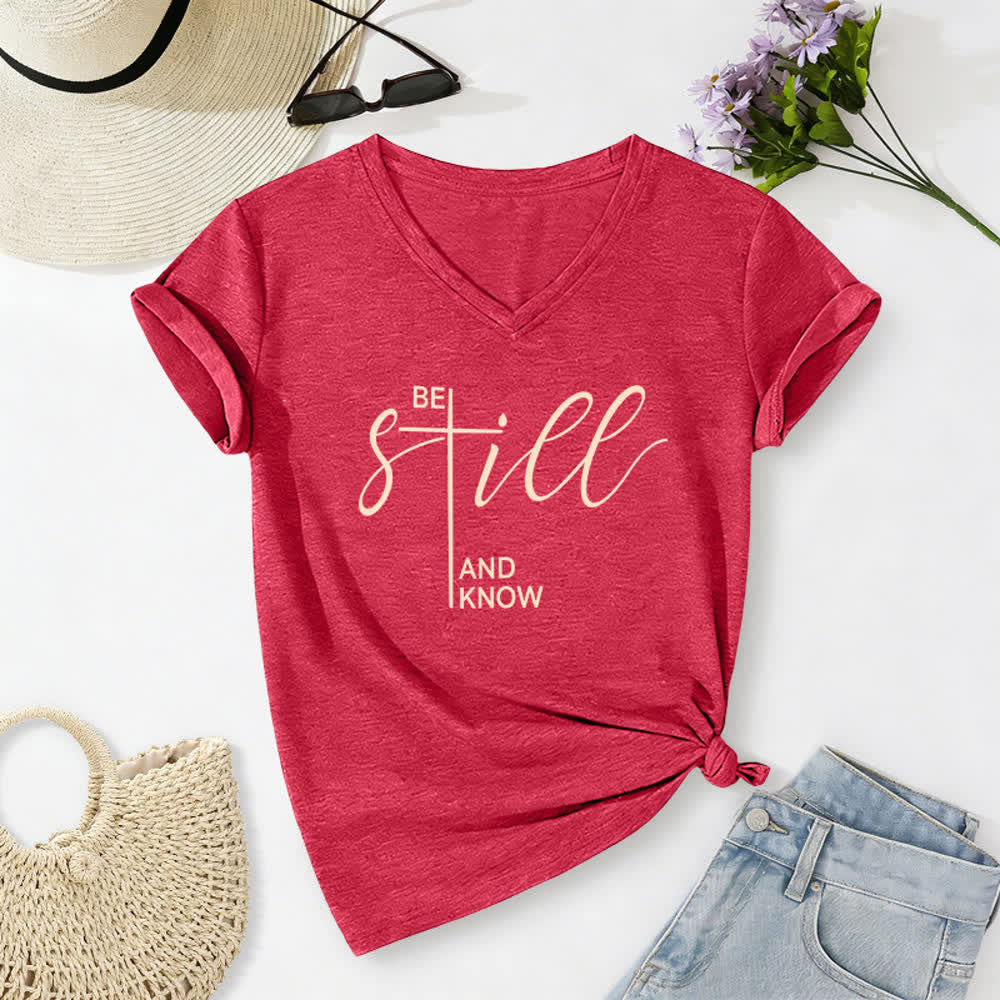 Christianartworkshop Be Still And Know Heather Purple Women's V Neck Tee - Red - 2XL - image 22