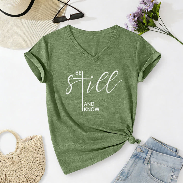 Christianartworkshop Be Still And Know Heather Purple Women's V Neck Tee - Green - 2XL - image 4