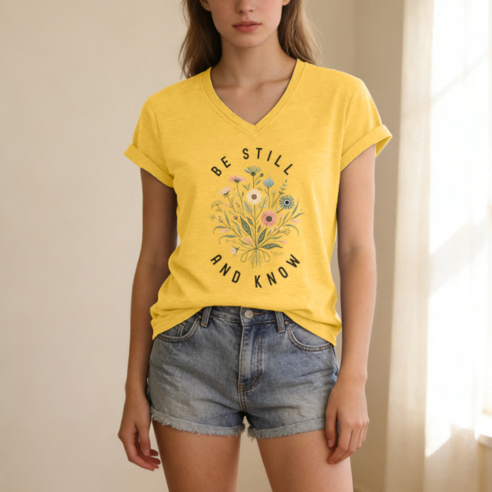 Christianartworkshop Be Still And Know Floral Knot Hem Women's V Neck Tee - image 9