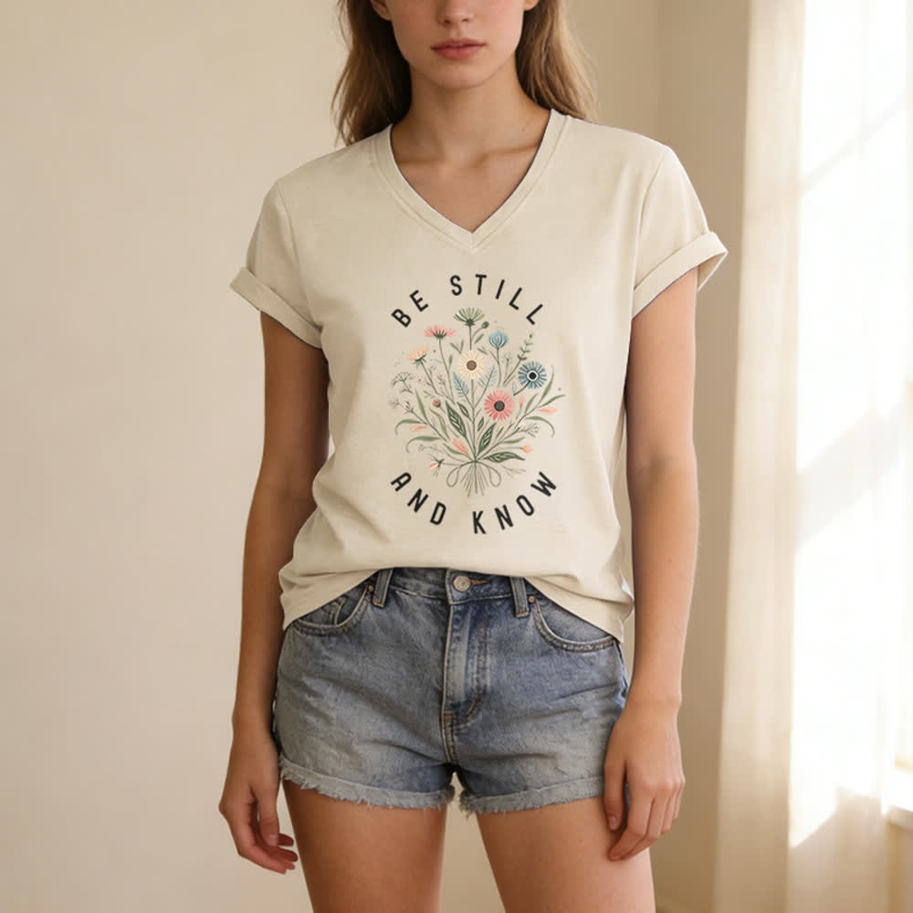 Christianartworkshop Be Still And Know Floral Knot Hem Women's V Neck Tee - image 7