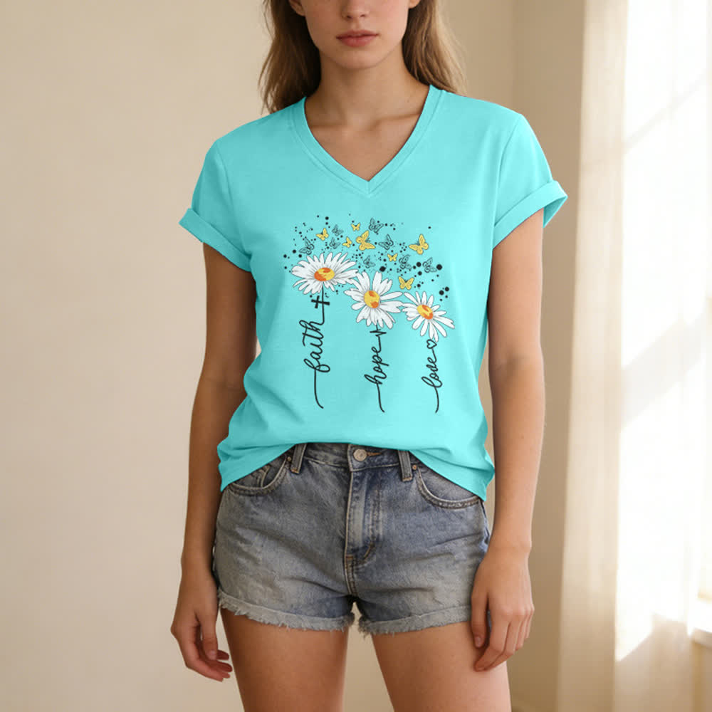 Christianartworkshop Faith Hope Love Daisy Butterfly Women's V Neck Tee - image 23