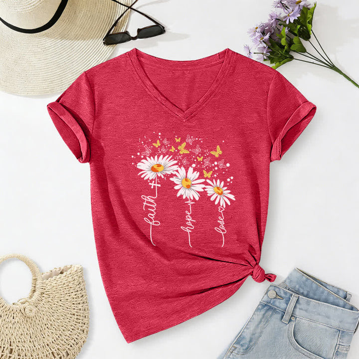 Christianartworkshop Faith Hope Love Daisy Butterfly Women's V Neck Tee - Red - 2XL - image 8