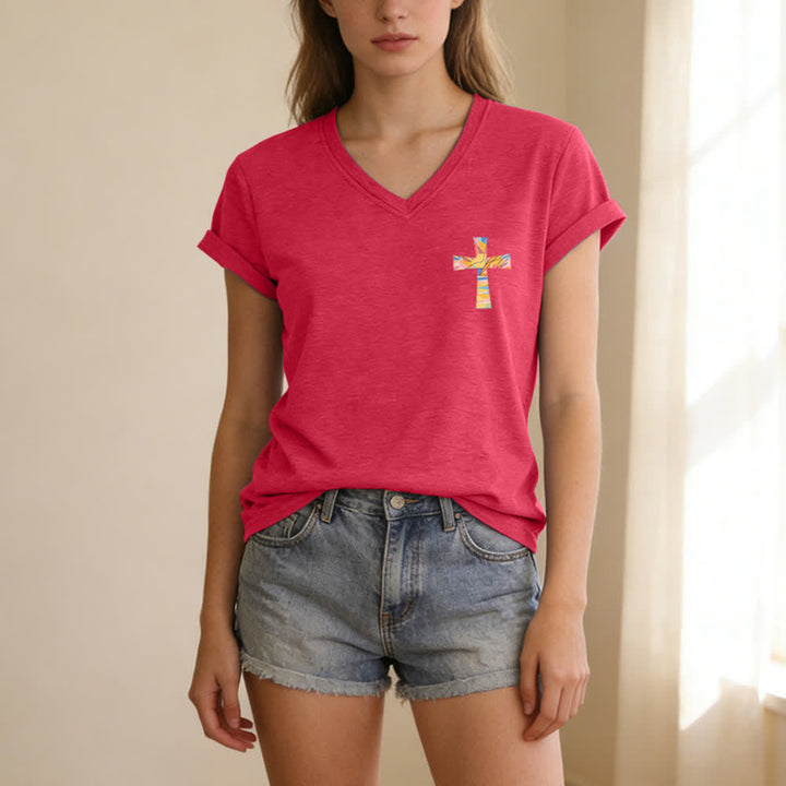 Christianartworkshop Grace Cross Rolled Sleeve Knot Hem Women's V Neck Tee - image 65