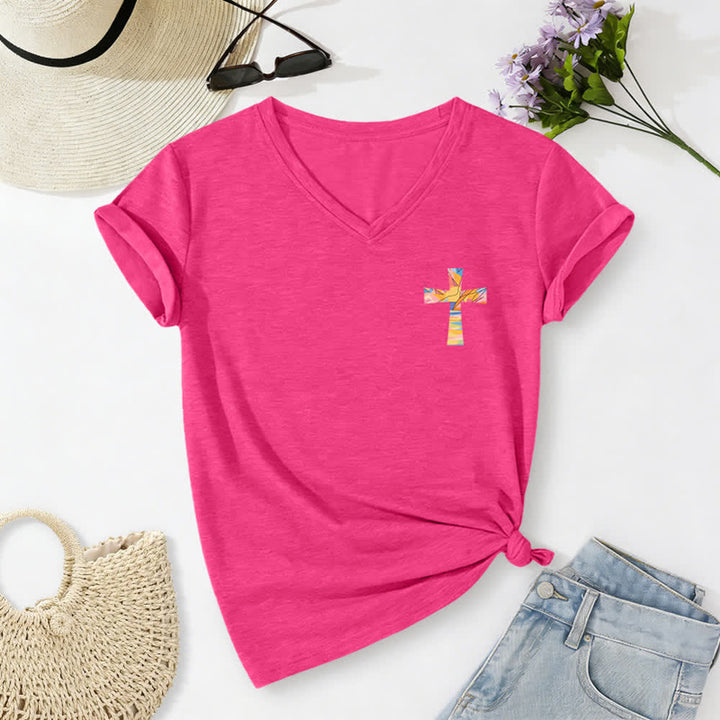 Christianartworkshop Grace Cross Rolled Sleeve Knot Hem Women's V Neck Tee - image 74