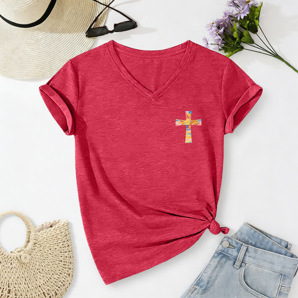 Christianartworkshop Grace Cross Rolled Sleeve Knot Hem Women's V Neck Tee - image 62