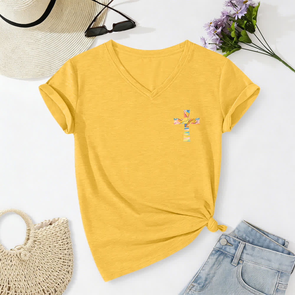 Christianartworkshop Grace Cross Rolled Sleeve Knot Hem Women's V Neck Tee - image 68