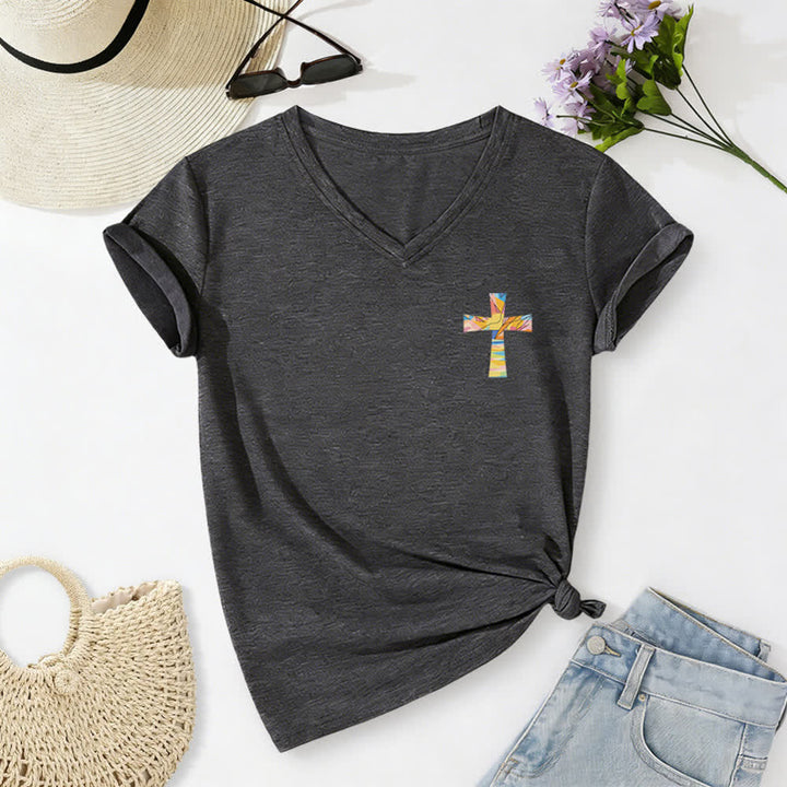 Christianartworkshop Grace Cross Rolled Sleeve Knot Hem Women's V Neck Tee - image 14