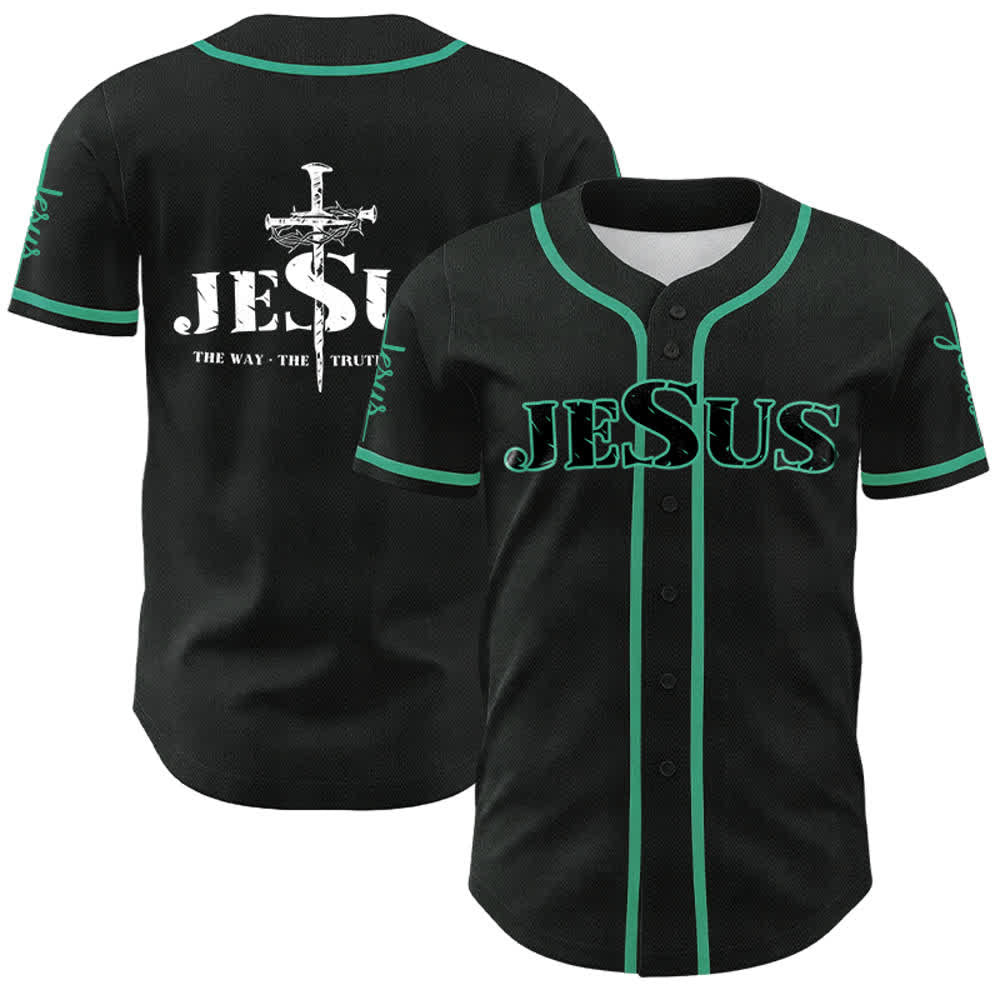 Christianartworkshop Jesus Cross Nail and Crown of Thorns Baseball Jersey - Black Jesus - Lake Blue - 5XL - image 13