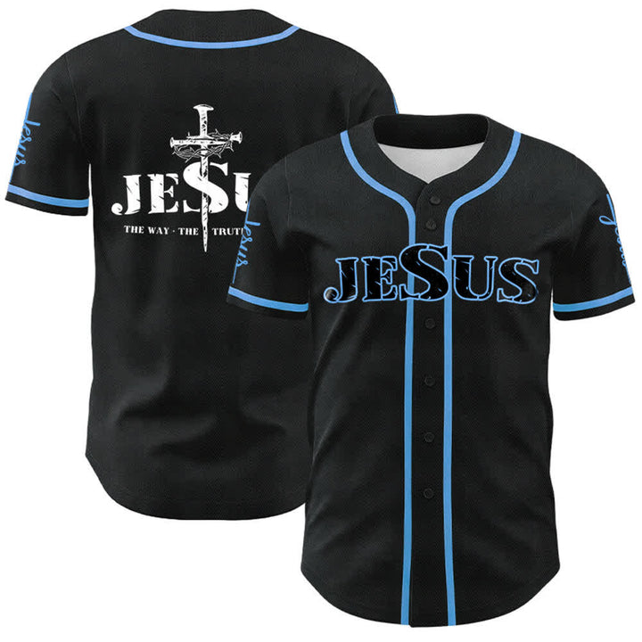 Christianartworkshop Jesus Cross Nail and Crown of Thorns Baseball Jersey - Black Jesus - Sky Blue - 5XL - image 16