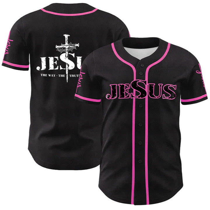 Christianartworkshop Jesus Cross Nail and Crown of Thorns Baseball Jersey - Black Jesus - Pink - 5XL - image 23