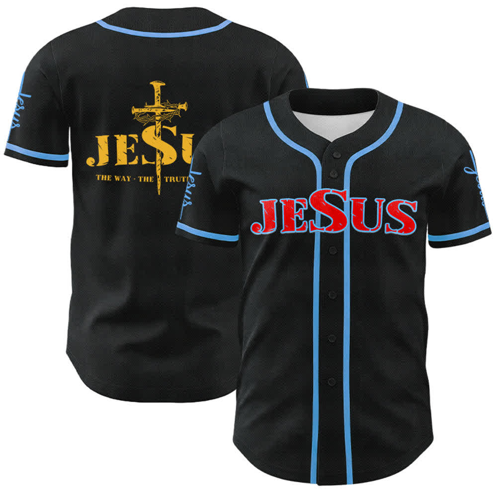 Christianartworkshop Jesus Cross Nail and Crown of Thorns Baseball Jersey - Red Jesus - Sky Blue - 5XL - image 51