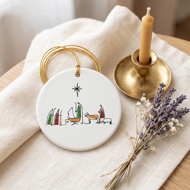 Christianartworkshop Minimalist Line Art Nativity Ceramic Hanging Ornament: Emblem of Humble Heavenly Hope - Jesus - image 0