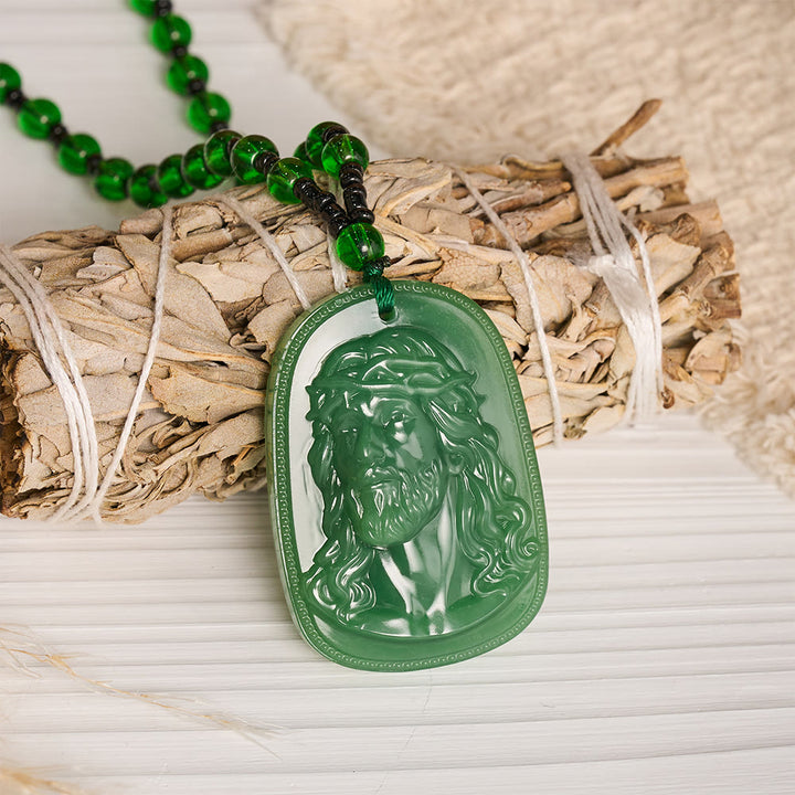 Christianartworkshop Relief‑Molded Holy Portrait Beaded Necklace: Token of Serene Divine Solace for Daily Devotion - Green - Jesus - image 4