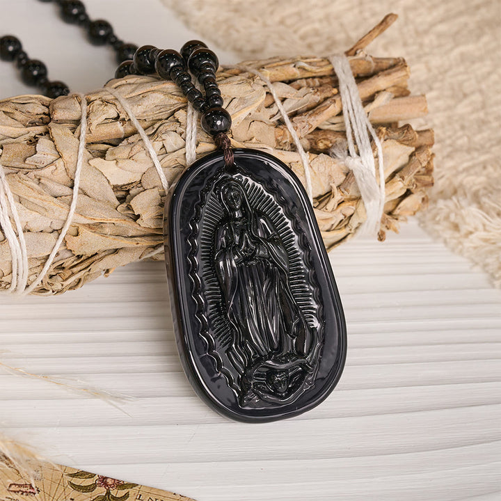 Christianartworkshop Relief‑Molded Holy Portrait Beaded Necklace: Token of Serene Divine Solace for Daily Devotion - Black - Our Lady - image 14
