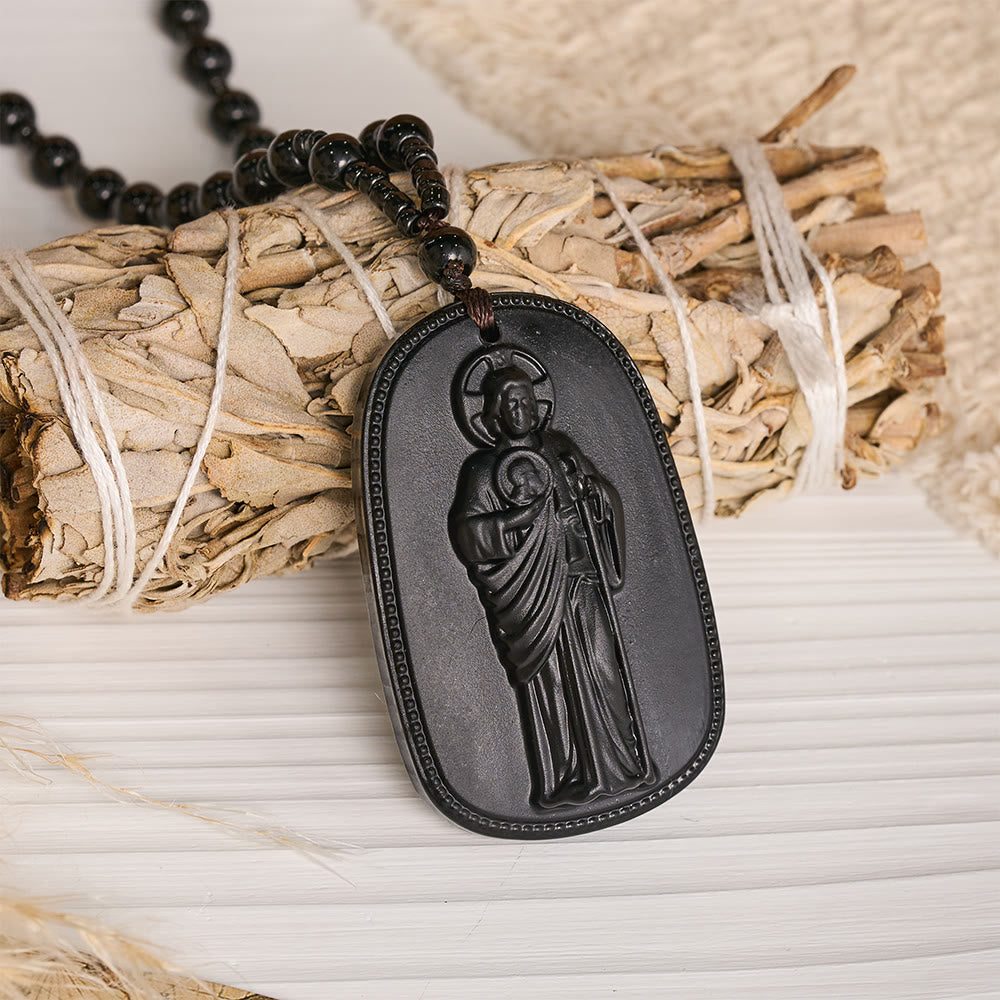 Christianartworkshop Relief‑Molded Holy Portrait Beaded Necklace: Token of Serene Divine Solace for Daily Devotion - Black - St. Jude - image 7