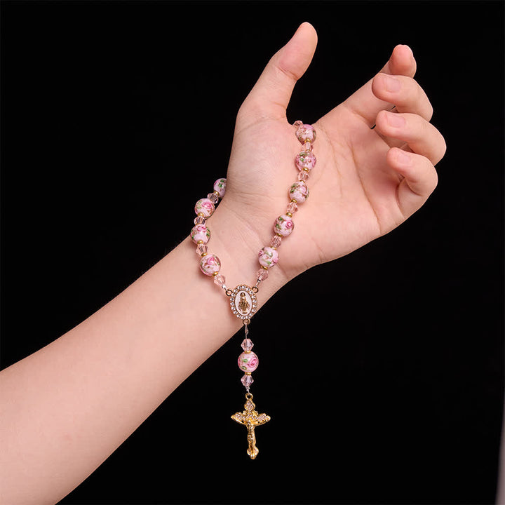 Christianartworkshop Floral Painted Glass Pocket Car Rosary With Rhinestone Crucifix: Emblem of Gentle Heavenly Peace - image 2