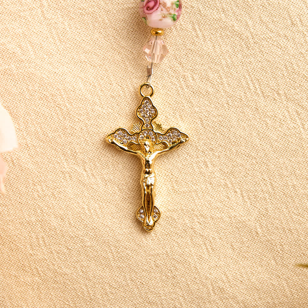 Christianartworkshop Floral Painted Glass Pocket Car Rosary With Rhinestone Crucifix: Emblem of Gentle Heavenly Peace - image 9