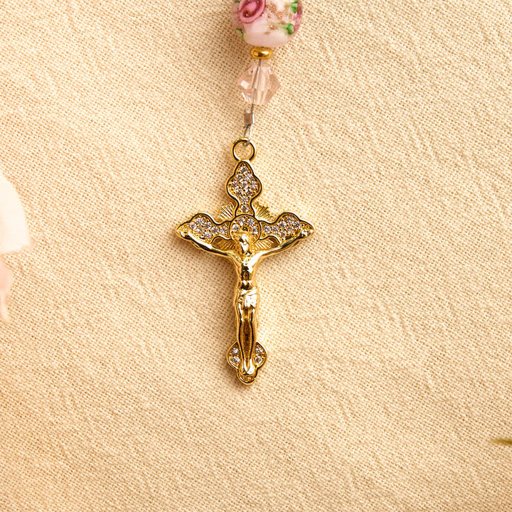 Christianartworkshop Floral Painted Glass Pocket Car Rosary With Rhinestone Crucifix: Emblem of Gentle Heavenly Peace - image 9
