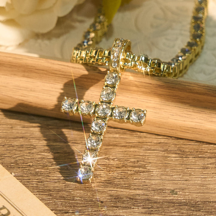 Christianartworkshop Sparkling Gem Encrusted Cross Pendant Tennis Chain: Token of Divine Calm and Hope - Golden - 24''/60cm - image 5