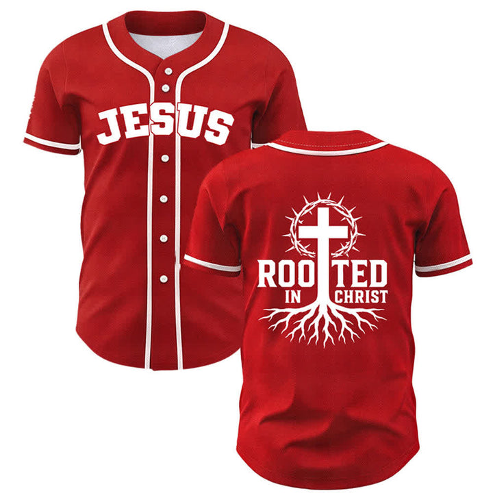 Christianartworkshop Rooted In Christ Black Button Up Baseball Jersey - Red - 5XL - image 35