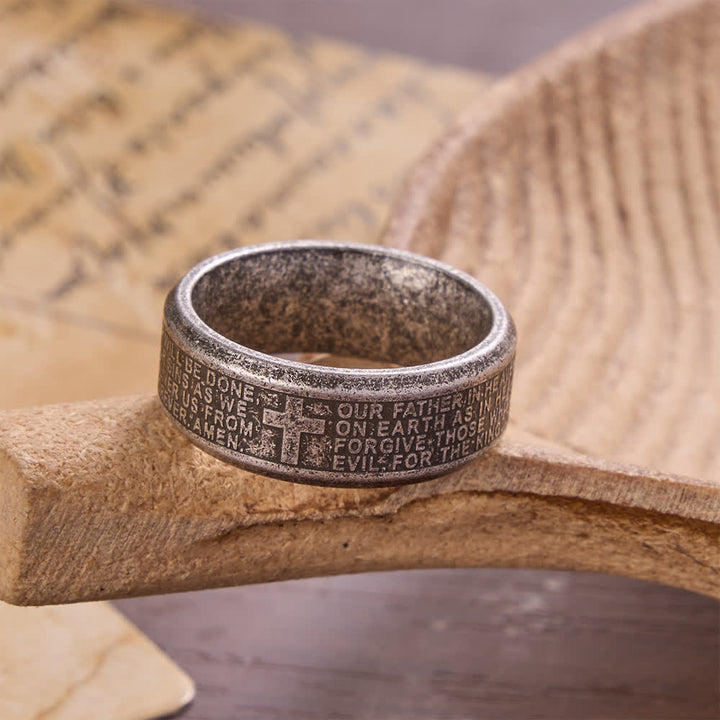 Christianartworkshop Deep Engraved Cross Lord’s Prayer Stainless Steel Wide Band Ring: Emblem of Abiding Heavenly Faith - Antique Silver - US 13 - image 14