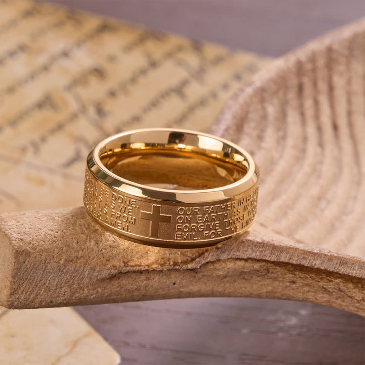 Christianartworkshop Deep Engraved Cross Lord’s Prayer Stainless Steel Wide Band Ring: Emblem of Abiding Heavenly Faith - Golden - US 13 - image 9
