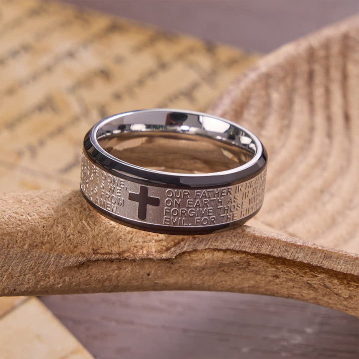 Christianartworkshop Deep Engraved Cross Lord’s Prayer Stainless Steel Wide Band Ring: Emblem of Abiding Heavenly Faith - Silver & Black - US 13 - image 13