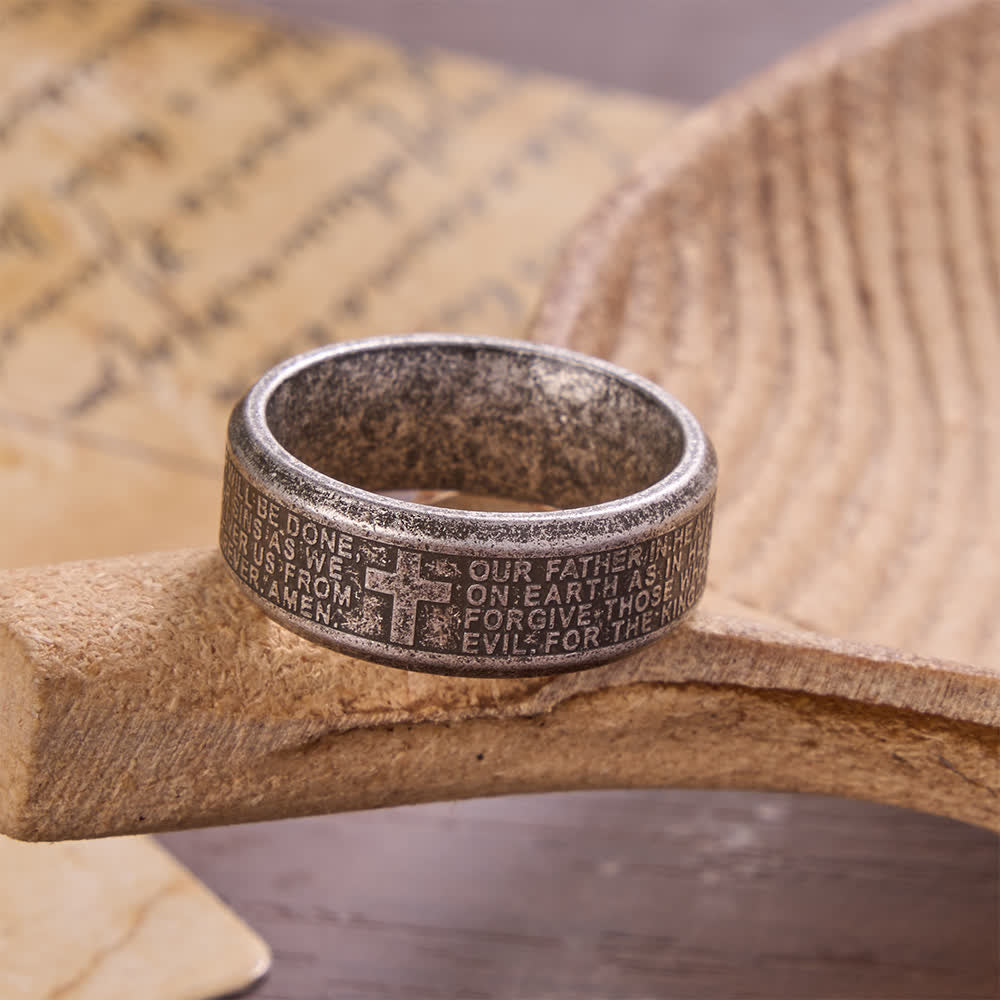 Christianartworkshop Deep Engraved Cross Lord’s Prayer Stainless Steel Wide Band Ring: Emblem of Abiding Heavenly Faith - Antique Silver - US 13 - image 10