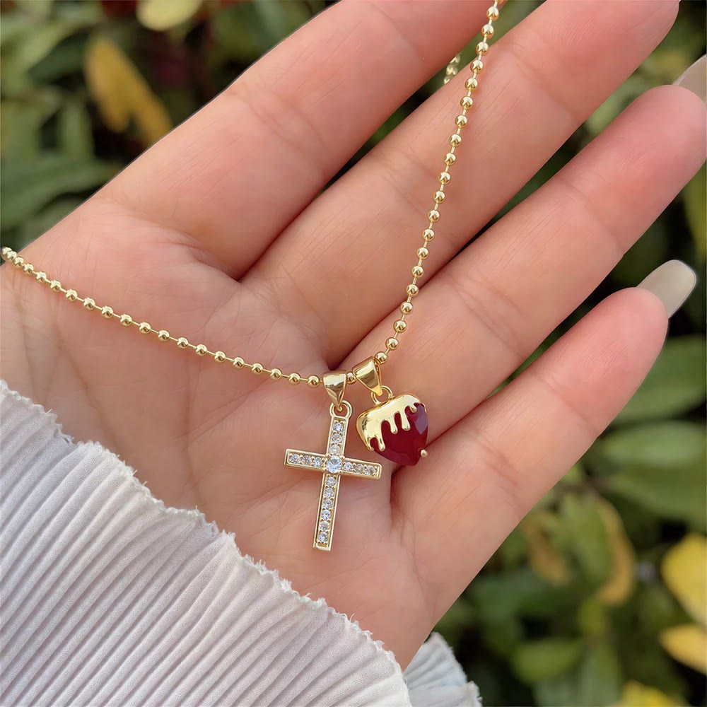 Christianartworkshop Crystal Cross & Sacred Heart Dual Charm Necklace: Emblem of Tender Heavenly Compassion - Sacred Heart & Cross - D - image 4