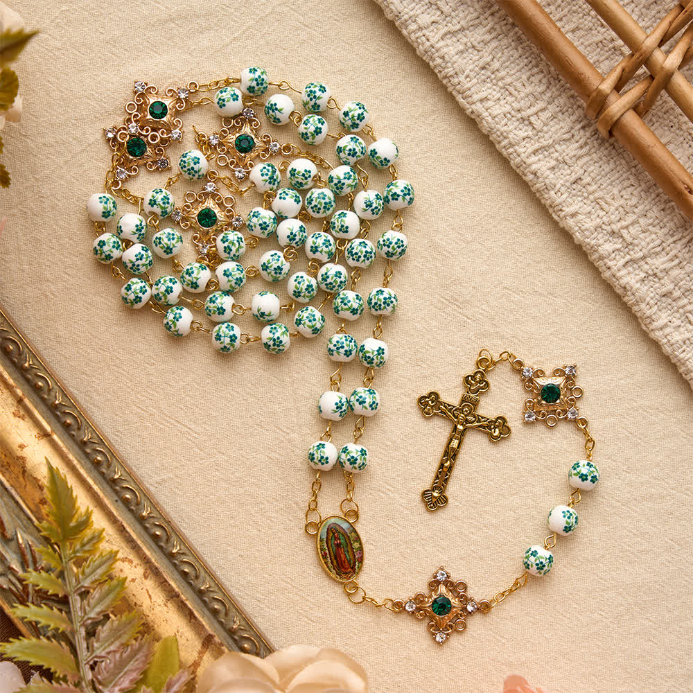 Christianartworkshop Vintage Green Floral Porcelain Rosary With Jeweled Flower Links: Emblem of Timeless Heavenly Blessing - Green Ceramic Floral Rosary - image 0