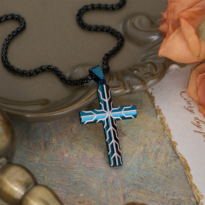 Christianartworkshop Gloss Golden & Blue Lightning Pattern Engraved Cross Pendant Necklace: Timeless Emblem of Gentle Heavenly Guardianship - Blue - image 5
