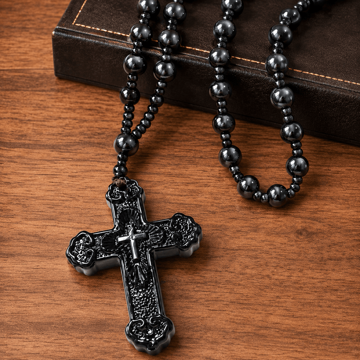 Christianartworkshop Textured Glass Cross Pendant With Beaded Strand: Emblem of Serene Divine Grace - image 2