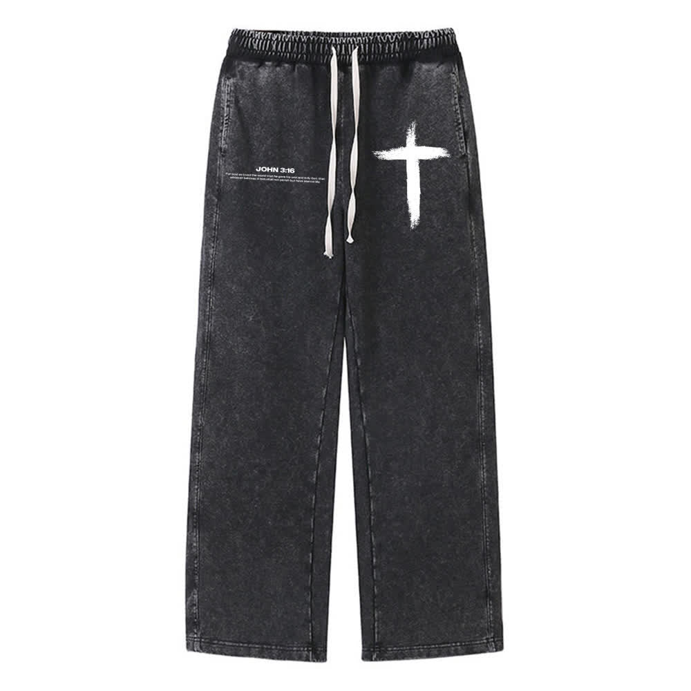 Christianartworkshop Brush Stroke Cross John 3:16 Scripture Statement Washed Sweatpants - Black - 2XL - image 6