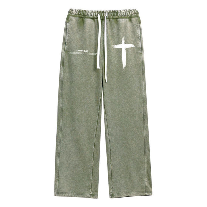 Christianartworkshop Brush Stroke Cross John 3:16 Scripture Statement Washed Sweatpants - Army Green - 2XL - image 11