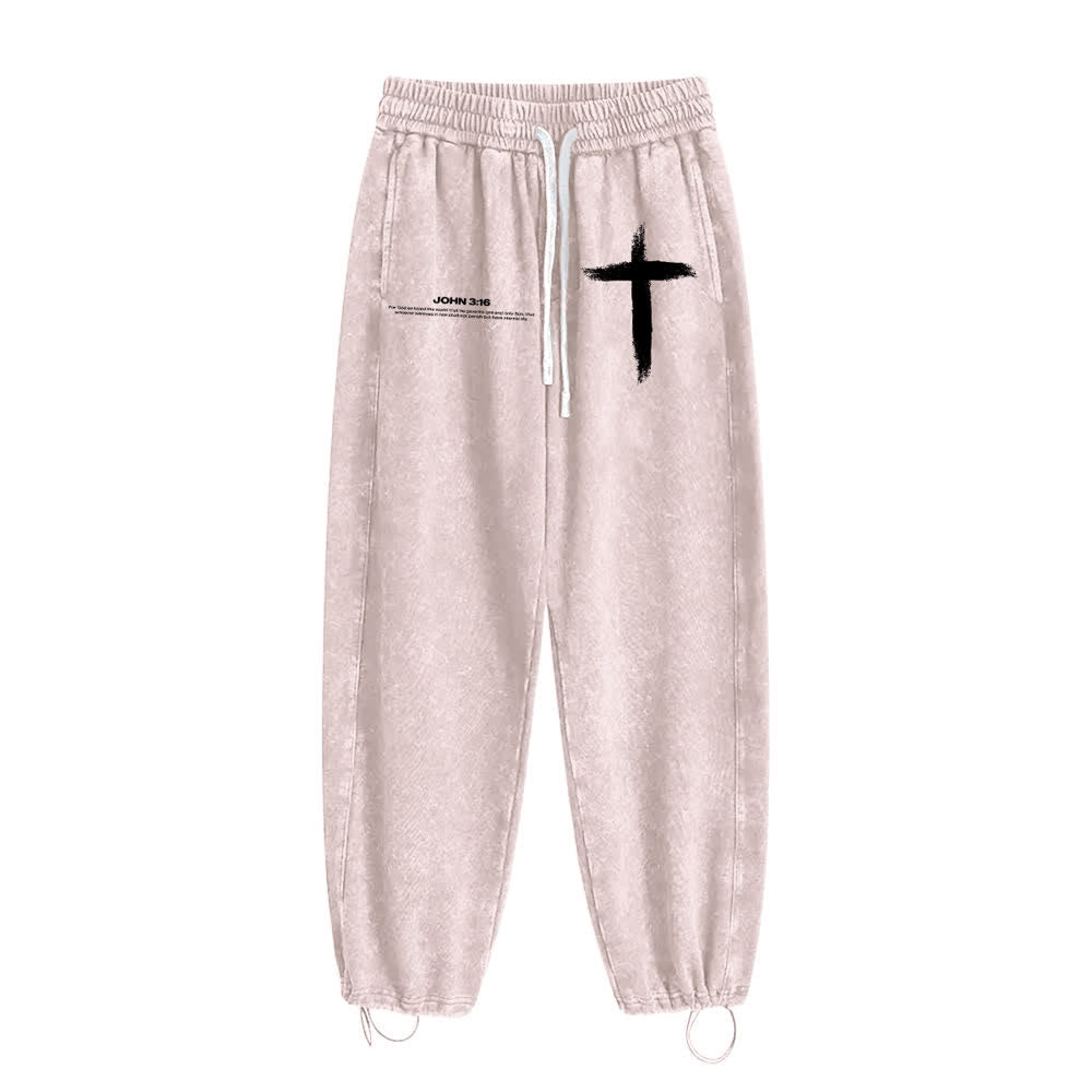 Christianartworkshop Brush Stroke Cross John 3:16 Scripture Statement Washed Sweatpants - image 16