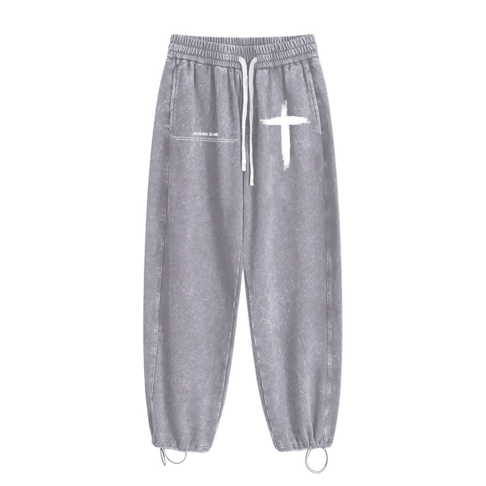 Christianartworkshop Brush Stroke Cross John 3:16 Scripture Statement Washed Sweatpants - image 4